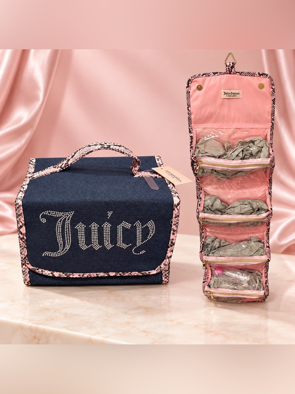 Juicy Couture Navy Cosmetic Train Case with Pink Trim